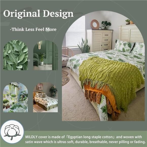 100% Long-Staple Cotton Duvet Cover Set King Size Green Palm Leaf - Picture 4 of 7